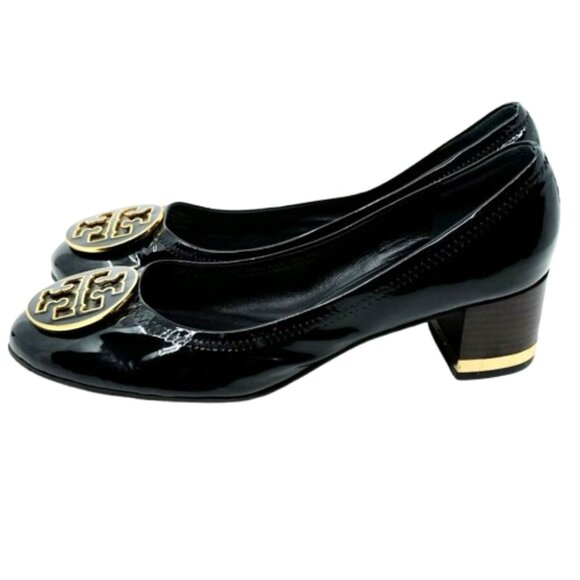 TORY BURCH~Amy Mid-Heel~STACKED PUMP~BLACK PATENT LEATHER GOLD HEEL SIZE 9M - Picture 3 of 7